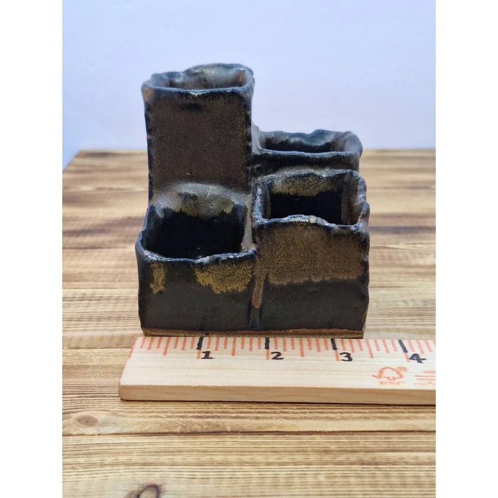 Pen Pencil Holder Earthen Tone ware 4 Slot Tired Hand-crafted Artisan Glaze Vtg‎
